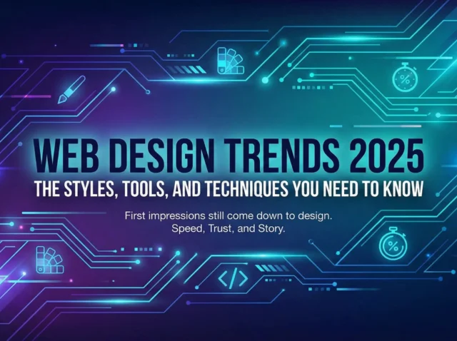 Web Design Trends 2025 - The Styles, Tools, and Techniques You Need to Know Web app development cost 2025 banner with finance and growth icons over a circuit board background