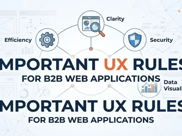 important ux rules for b2b web applications Important UX rules for B2B web applications with icons for efficiency, clarity, security, and data visualization.