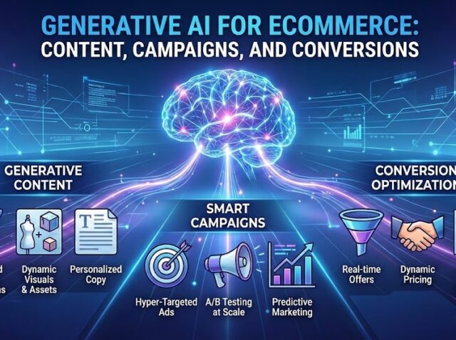 Generative AI for Ecommerce- Content, Campaigns, and Conversions Generative AI for eCommerce infographic showing content creation, smart campaigns, and conversion optimisation.