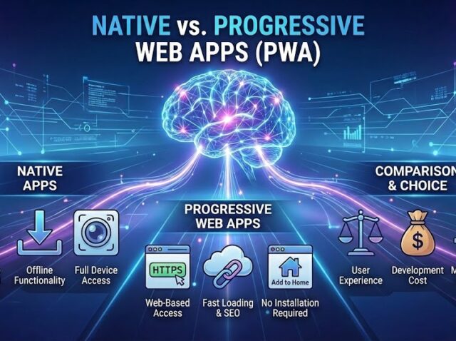 native vs progressive web apps_ Infographic titled “Native vs. Progressive Web Apps (PWA)” showing differences between native apps and PWAs, including install method and offline use, plus web access and cost factors.