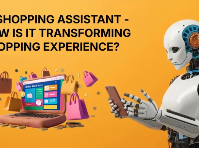 AI shopping assistant concept with a robot using a phone beside an online store screen.