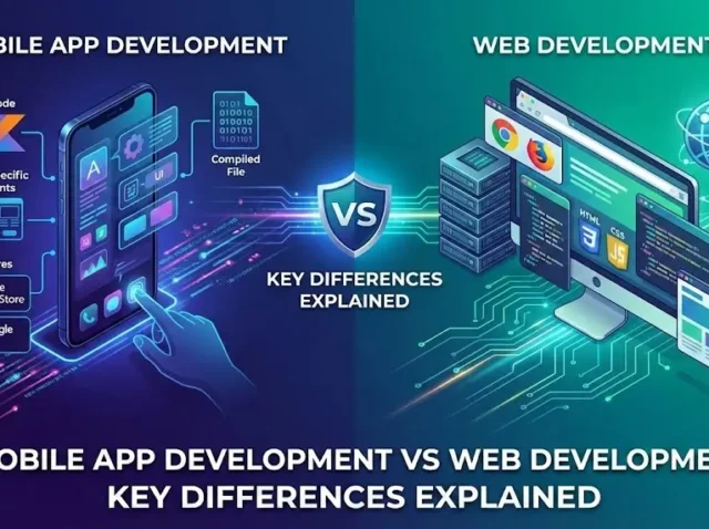 Mobile App Development vs Web Development Key Differences Explained Mobile app development vs web development illustration showing a smartphone, app store icons, web browser screens, code panels, and “VS” in the centre.