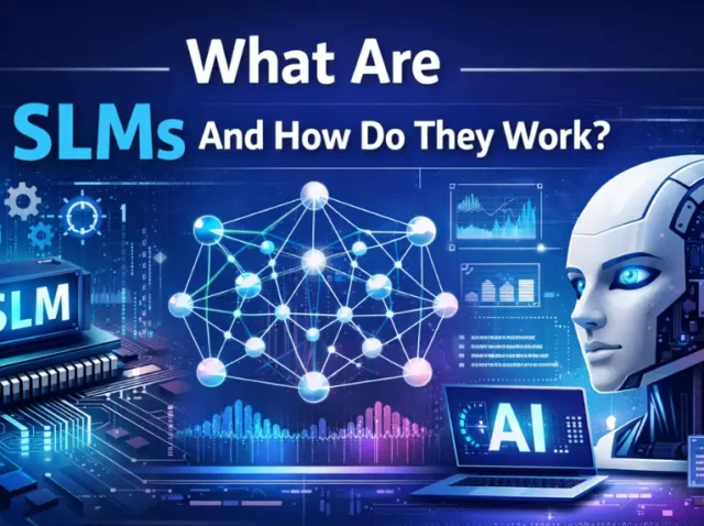 SLMs banner with a robot face and a connected neural network graphic.