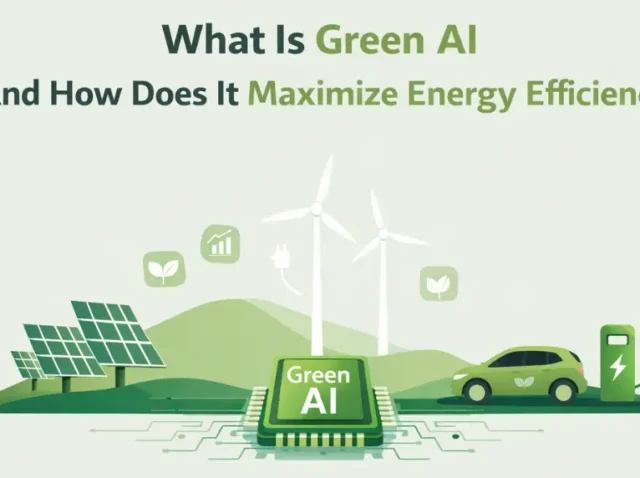 Green AI illustration with renewable energy and an electric vehicle charging icon.