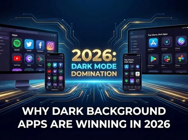 Why Dark Background Apps Are Winning in 2026 Dark mode apps banner for 2026 showing desktop, tablet, and phones with dark UI app icons on a neon circuit background