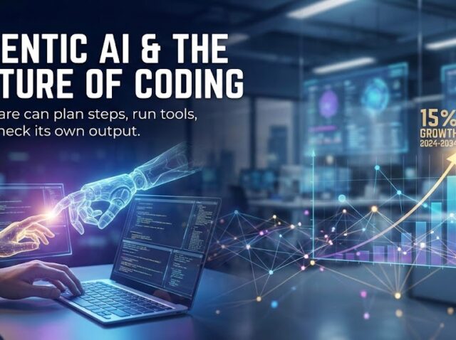 agentic AI & the future of coding Agentic AI and the future of coding graphic showing a human hand and AI robotic hand near a laptop with code screens and a rising growth chart.