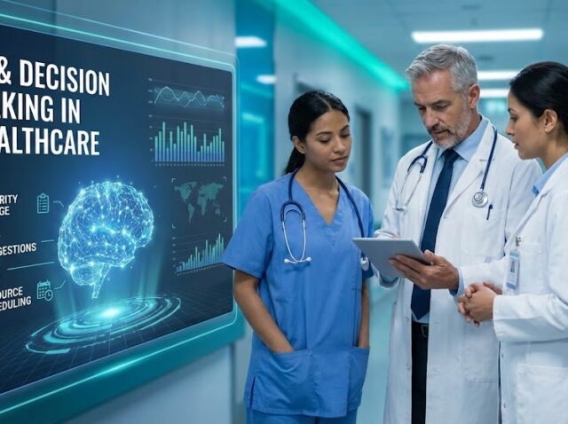 how ai changes decision making in healthcare Doctors reviewing an AI healthcare dashboard with charts and a brain graphic in a hospital corridor