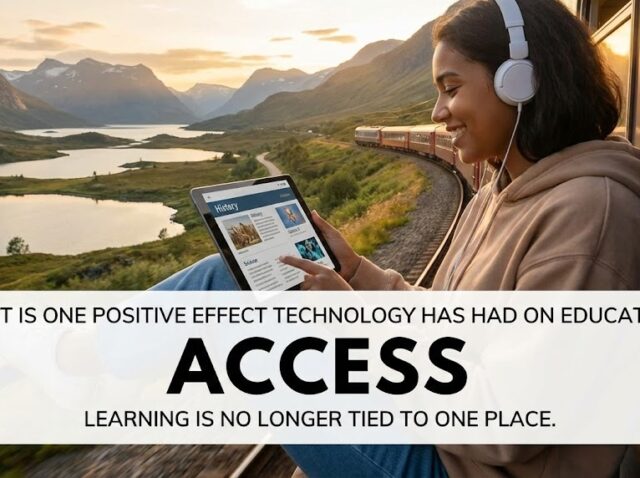 what is one positive effect technology has had on education Woman using a tablet on a train with mountains in the background, text saying “Access” and “Learning is no longer tied to one place