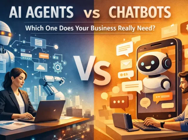 Split design comparing AI agents and chatbots in business environment