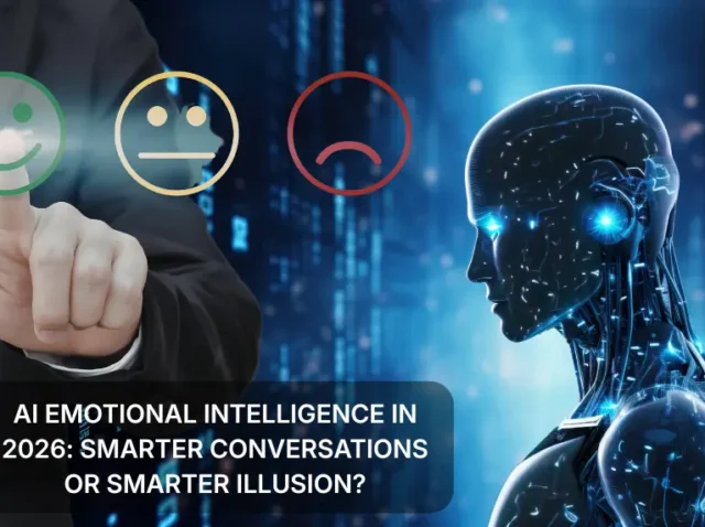 AI Emotional Intelligence in 2026 Smarter Conversations or Smarter Illusion Hand selecting a smiley face rating beside a humanoid robot, with text “AI Emotional Intelligence in 2026: Smarter Conversations or Smarter Illusion?”.