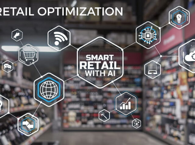AI Retail Optimization for Small and Mid Retailers_ Here's How to Use AI to Scale Your Retail Business AI retail optimization graphic showing a store aisle with connected smart retail icons and “Smart Retail With AI” text.