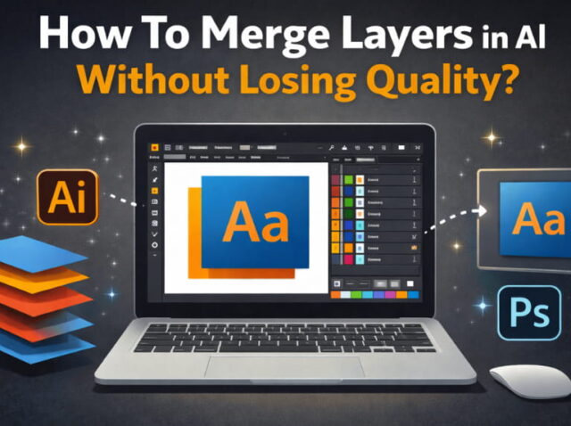 How To Merge Layers in AI Without Losing Quality How to merge layers in Adobe Illustrator without losing quality graphic showing a laptop, layer stack, and Ai and Ps icons.