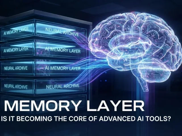 Why AI Memory Layer Is Becoming the Core of Advanced AI Tools A dark, futuristic server room scene showing stacked data servers labelled “AI MEMORY LAYER”