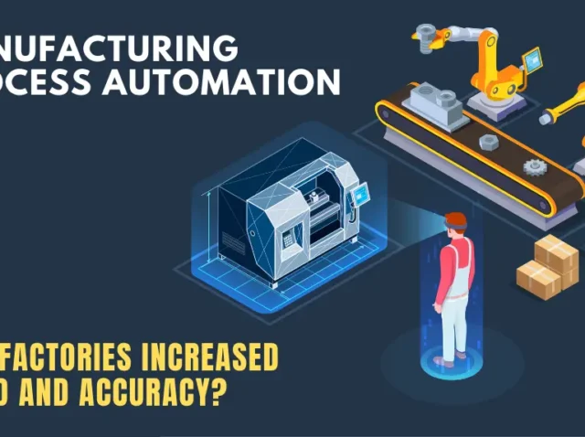 Illustration of factory automation with robotic arms, conveyor belt, and smart machine monitoring