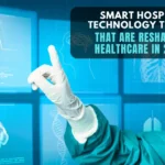 A hand of a doctor interacting with smart hospital technology screens