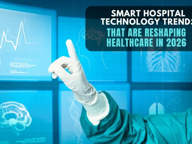 A hand of a doctor interacting with smart hospital technology screens
